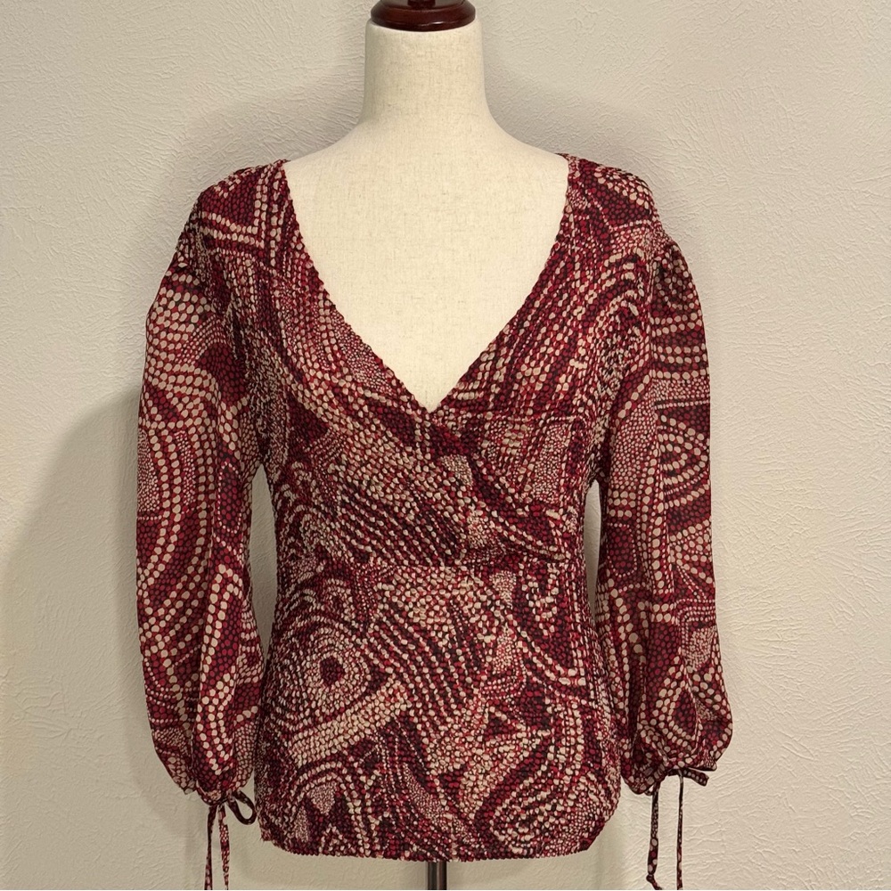Investments Burgundy Patterned Smocked Faux Wrap Top Size S